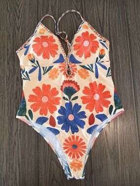 Source Unknown Cream One-Piece Swimsuit with Orange & Blue Floral Print